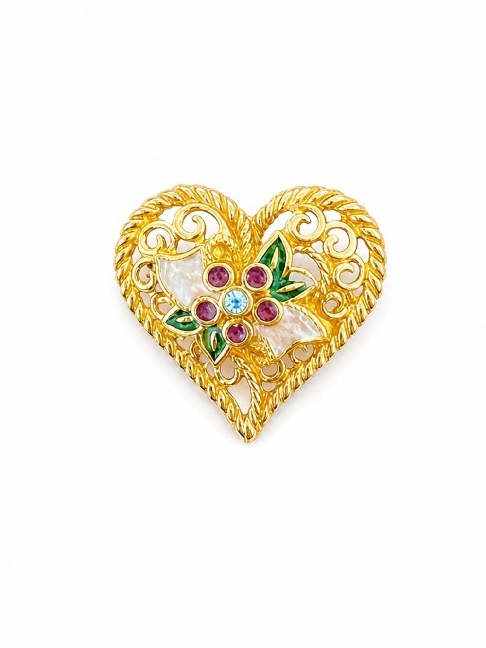 Vintage Gold Tone Heart “I Love You” Brooch | Filigree Floral Pin Jewelry